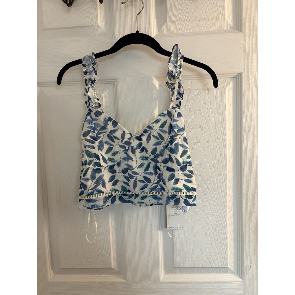Kendall + Kylie Women L Indigo Tropical Leaf Print‎ Ruffle Cropped Tank Top NWT